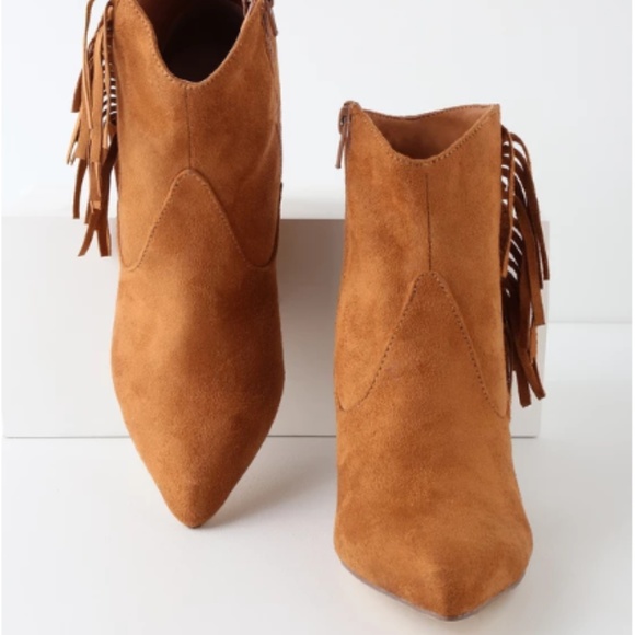Lulu's Cheyenne Cognac Suede Fringe Festival/Summer/Fall Low Heel Ankle Booties - Picture 2 of 8